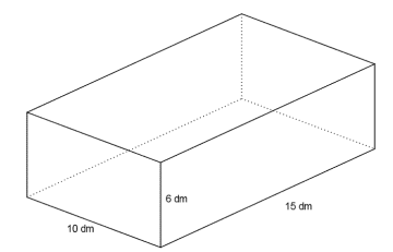 Rett, firkantet prisme med dimensjoner 15 dm, 10 dm og 6 dm.
